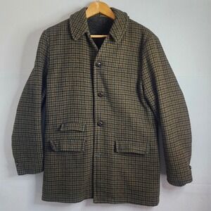Vintage Silton California Houndstooth Wool Car Coat Pile Lined Green Brown 38